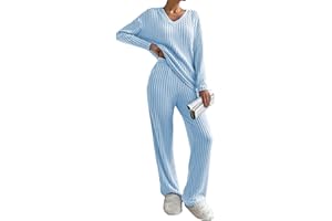 Famulily Womens Pyjamas Set Nightwear, Ladies Ribbed 2 Piece Outfits Loungewear Sets Leisure Suits Homewear V Neck Long Sleeve Jumpers and Wide Leg Trousers with Pockets