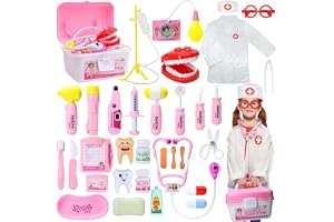 Cafiuio Doctor Kit Kids - Dentist Kit for Kids, Doctors Play Set with Doctor Costume, Pretend Play Toddler Toy for 4 5 6 7 Years Old Boys Girls Birthday Gifts (Pink)