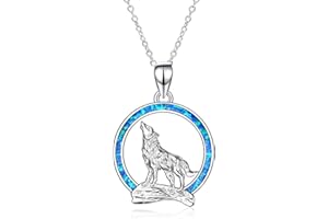 YFN Naszyjnik z wilkiem prezenty dla mężczyzn kobiet srebro wysokiej próby wilk z niebieskim kryształem biżuteria urodziny dla miłośnika wilków 18+5 cm, Srebro szterlingowe, Opal