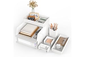 Otoomenz 3 Tier Desk Organiser Letter Tray, Stackable A4 Filing Trays, Office Desk File Rack, Tidy File Document Letter Paper Organiser with Pen Holder Business Card Sticky Note Organiser, White