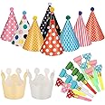 Opopark 11pcs Birthday Party Cone Hats with Pom Poms (9 Hats and 2 Crowns), 15 Pcs Party Blowouts, Mini Paper Party Hat and Blowouts Set for Boys Gilrs Childrens Party Decoration