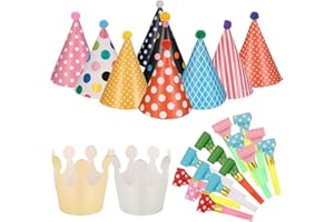 Opopark 11pcs Birthday Cone Hats With Pom Poms (9 Hats and 2 Crowns), 15 Pcs Blowouts, Mini Paper Hat and Blowouts Set for Boys Girls Children's Party Decoration