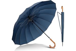 NINEMAX Zakrzywiony Parasol Długie,DłUgi Parasol Wiatroszczelny Mocny,Klasyczny Drewniany Uchwyt,16-Ramienny Drewnianą RąCzką,dla MężCzyzn i Kobiet(Szafirowy Niebieski)