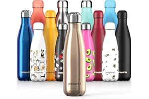 Proworks Botellas de Agua Deportiva de Acero Inoxidable | Cantimplora Termo con Doble Aislamiento para 12 Horas de Bebida Caliente y 24 horas de Bebida Fría - Libre de BPA - 1L - Oro Metalizado