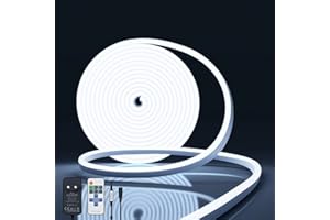 NELUX Tira Neón LED Impermeable y Flexible para Exterior o Interior de 5 metros y Blanco Frío, Luces LED Neon Flex Regulable. Incluye Mando a Distancia para Controlar Brillo y Adaptador 12V
