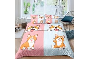 feelingyou Kinder Cartoon Hund Bettwäsche-Set Lächelndes Hündchen Corgi Faily Pet Bettwäsche Set 135x200cm Pink Blue Bottom Betten Set für Kinder Jungen Mädchen Teenager 2St.Reißverschluss Mikrofaser