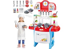 deAO Kids Play Kitchen Set with Lights, Sounds & Running Water, 18 PCS Kitchen Accessories Pretend Play Cooking Games Toy for Toddlers Ages 3+ (Red)