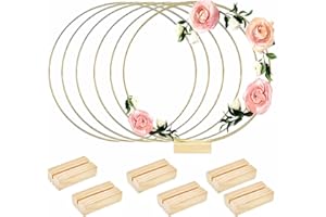 wynott 6Pcs Metal Floral Hoop Centerpiece 12 Inch Wreath Macrame Gold Wreath Hoop Rings DIY Wreath Ring Table Decorations Centerpiece with 6Pcs Wooden Stands for Wall Hanging Craft Wedding Table Decor