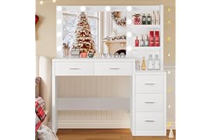 FIONESO 110cm Toeletta Trucco con Luci a Luminosità Regolabile, Grande Specchio, Postazione Trucco con 5 Cassetto e, 2 Ripiani Aperti, Moderno, Bianco