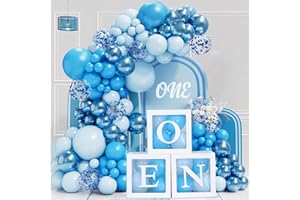 QIFU 1st Birthday Decorations for Boys - 3Pcs One Balloon Boxes for 1st Birthday with 104Pcs Blue Balloons Arch Kit Bluey Balloon, First Birthdays Decoration One Birthdays Boxes for Baby Boy 1 Year Old