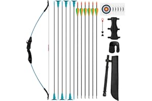 SERfawnCH Recurve Bow & Arrow Set 15lb, Ambidextrous Archery Kit with Safety Arrows, Arm Guard, Target Paper for Outdoor Practice (Green/Blue)