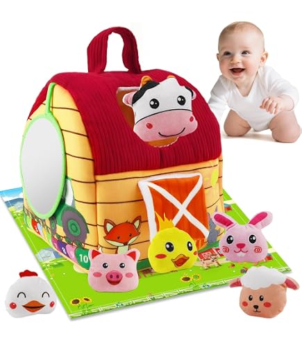 USHOP Giochi Neonato 6-12 Mesi,Casa Morbida Animali Da Fattoria Con Fienile Con Fienilesonaglioneonati Montessorigiochi Sensoriale Con 7 Animaliregalo Per Bambini 1 2 3 Anni 0 3
