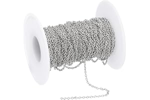 PATIKIL 33Ft 304 Stainless Steel Cable Link Chains, 2mm Width Flat Metal Links Chains Jewelry Roll Spool Bulk Chain for Jewelry Making DIY Craft Necklaces Bracelets Earring, Silver Tone