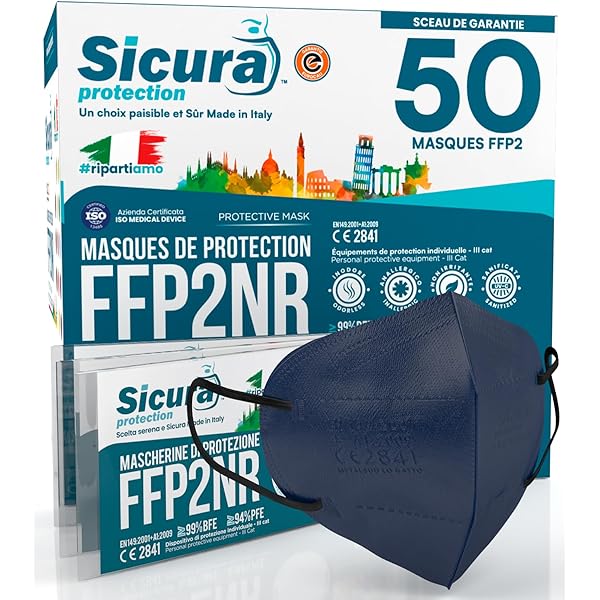 25 Masques FFP3 Certifiés CE Noir Et Blanc Fabriqué En Italie BFE ≥99% | PFE ≥99% Logo Imprimé SICURA Masque FFP3 Italien Aseptisé Et Scellé