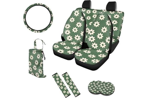 Belidome Ensemble complet de housses de siège de voiture à motif floral pour femme, sac poubelle, housse de volant, dessous de verre, coussin de ceinture de sécurité, ajustement universel pour