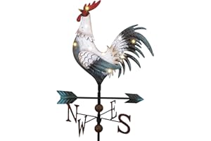 TERESA'S COLLECTIONS Wetterhahn Windfahne,Metall-Hahn Wind Vane 86cm,Weiß Hahn-Wetterfahne,Gartendeko für Draußen,Windrichtungsanzeige Solar Dekoration für Garten,Geschenk für Mama/Papa/Freund