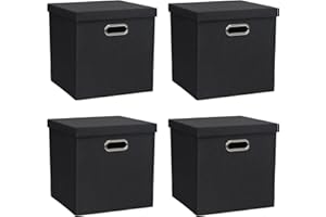 ArcaGuru Storage Bins with Lids, Collapsible Linen Fabric Boxes Organizer Containers with Lid Foldable Storage Box Basket for Closet, Shelves, Home, Office, 30.5 x 30.5 x 30.5 CM, 4 Pack, Black