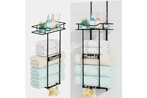 HapiRm Over Door Towel Rack - Towel Rack Wall Mounted with Metal Shelf Basket and Hooks, Space-Saving Bathroom Towel Storage, Multi-Functional Bathroom Accessories, Black