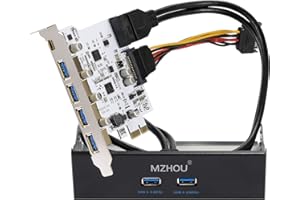 MZHOU 7 Ports PCIe USB 3.0 Card, 5 USB 3.0 Ports and 2 Rear USB 3.0 PCIe Expansion Card Include USB 3.0 Front Panel Expansion Bay and 2 Power Cables