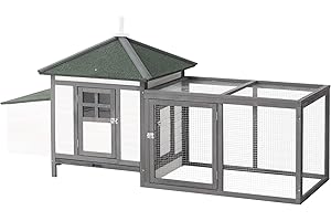 PawHut Gallinero de Madera de Pino Refugio Jaula para Gallinas Pollos Exterior con Caja Nido Bandeja Extraíble y Espacio para Correr 196x76x97 cm Gris
