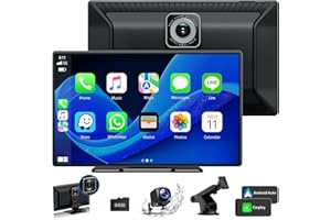HOTPEAK 9'' Carplay Screen for Car with 2.5K Dash Cam,1080p Backup Camera, Portable Wireless CarPlay Android Auto Screen with Mirror Link, GPS Navigation, Voice Assistant, Loop Recording, AUX, FM