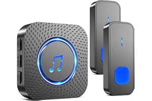 SURFOU Bezprzewodowy dzwonek do drzwi, zasięg 400 m, wodoszczelny, elektroniczny dzwonek do drzwi wejściowych z odbiornikiem plug-in i 2 nadajnikami o 5 poziomach głośności, 55 melodii, LED, czarny