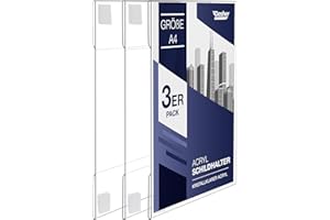 ‎DASHER PRODUCTS Acryl-Schilderhalter zum Einklemmen, A4 - Hoch- oder Querformat, durchsichtiger Wandrahmen, perfekt für Zuhause, Büro, Geschäft, Laden, Restaurant, mit Klettverschluss zur Wandbefestigung (A4-3 Pack)