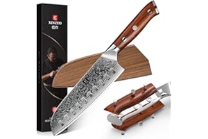 XINZUO Acero de Damasco Cuchillo Santoku, 18cm Cuchillo de Cocinero Profesional Forjado Chef Cuchillos de Cocina Cuchillo de Verduras- Mango de Madera de Rosa- con Funda Magnética -Serie Yu