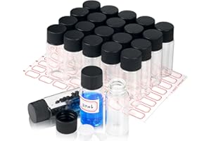 ALYOEN 20 Pack Clear Small Glass Vial, 20ml Lab Sample Vials with Screw Caps, Plastic Stoppers and Label Papers, Leak-Proof Liquid Sampling Glass Bottles for Essential Oil, Perfume, Reagent, Seeds (Black)
