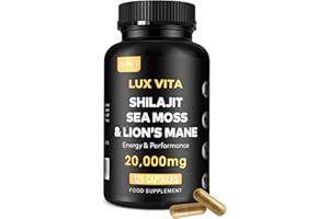 Shilajit with Sea Moss & Lion’s Mane Capsules – 3-in-1 | 4 Month Supply | Herbal Energy, Brain Focus, Daily Mineral & Vitality Supplement – Vegan High Strength Formula | Lux Vita