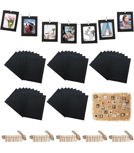 XHYASD 40 stuks papieren fotolijsten, 10 x 15 cm bruine kartonnen fotolijsten, fotolint met 40 stuks houten klemmen en 4 stuks henneptouw, fotolijn met klemmen voor DIY verjaardag bruiloft feest wand