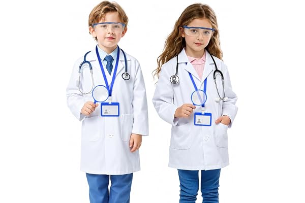 BSBUY Laboratorierock Barn, Vit Laboratorieklänning Pojke Flicka, med Skyddsglasögon och Arbetstillstånd, Doctor Pojke Dräkt, Vetenskaplig Morgonrock för Student Skolsjukhus Cosplay