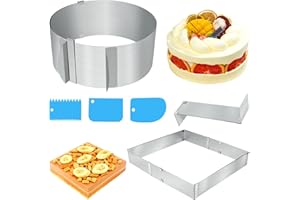 POKIENE Lot de 6 Cercle à Pâtisserie Réglable - Cadre de cuisson rectangulaire - 15 x 25-28 x 48 cm Avec séparateurs - Rond réglable, Diamètre:16-30 cm Avec grattoir 3 pièces pour gâteaux, pizzas