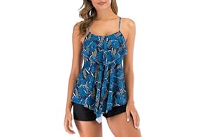 FLYILY Maillot de Bain 2 Pièces Femme Tankini Ensembles à Volants Maillot Haut Imprimé avec Short de Garçon Maillots de Bain Grande Taille