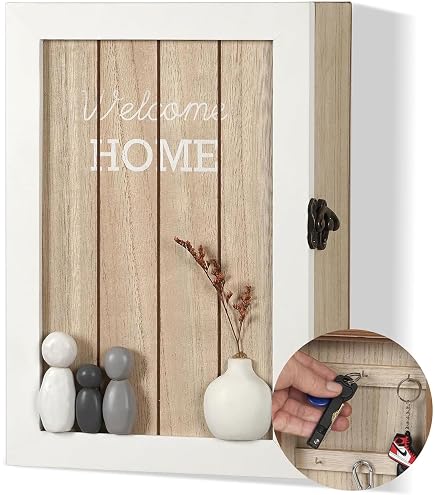 Boîte à Clés Murale En Bois 'HOME' - 30x20x2.8 Cm, 6 Crochets, Style Maison Coeur Blanc, Décoration Et Rangement Pratique Entrée