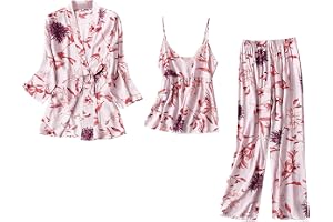 Hemdräkt dam elegant siden, pyjamas-set dam med morgonrock 3 delar – loungewear ärmlös pyjamas långa byxor tunna hemmakläder V-ringad pyjamas silke sovkläder ledig negligé
