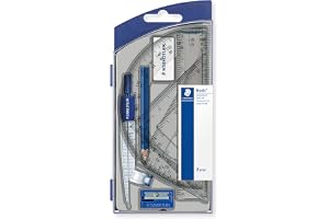 STAEDTLER Noris 550 skolkompassset – 9 delar, med tillbehör | Passare, blyertspenna, suddgummi, pennvässare, 2 teckningstrianglar, linjal och vinkelmätare – Art.nr. 550 60 S8