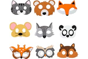 AMONENZ 9 Stück Tiermasken für Kinder, Weichen Filzmasken, Niedlichen Geburtstag Augenmaske, für Geburtstagsfeiern, Kostümpartys und Bauernhaus Dschungelsafari Thema