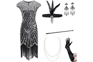 Gammify Abito da sera da donna anni '20, con scollo a V, con perline e frange, set di accessori 20