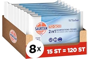 ‎SAGROTAN Sagrotan 2in1-Desinfektionstücher – Zum Desinfizieren von Händen und Oberflächen – 8 x 15 Feuchttücher in wiederverschließbarer Verpackung