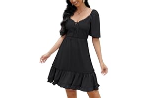 KOJOOIN Elegancka damska tunika sukienka w stylu boho z prostokątnym dekoltem, linia A, sukienka na czas wolny, koronkowa, letnia sukienka z krótkim rękawem, wysoka talia, na co dzień, minisukienka plażowa z falbankami (opakowanie wielokrotnego użytku)