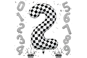 ISNDARE 40 Inch 2nd Birthday Number Balloon, Checkered Foil Self Inflating 2 Balloons Decor, Big Black and White Racing Helium Number 2 Balloons for Girls Boys Birthday Race Car Flag Party Decoration Supplies