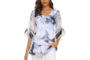 Syphiby Womens Overlap Ruffle Sleeve V Neck Elastic Mesh Blouse Loose Flowy Tunic Tops