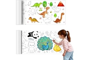 SHIJIUYOU 2 Rolls Drawing Paper Roll for Kids, 300 x 30 cm DIY Colouring Papers, Sticky Craft Colouring Sheets Painting Paper Roll for DIY Arts and Crafts, Party Gifts(Animal World, Dinosaur Park)