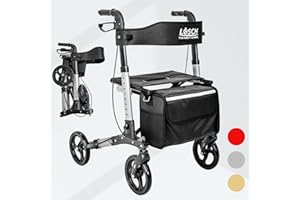Lösch Reha Rollator „TABAS Mobility” I Indoor & Outdoor Rollator faltbar und leicht mit PU-Bereifung & Sitzoption I höhenverstellbarer Reise-Gehwagen mit Tasche & Stockhalter I Gehhilfe in Silber