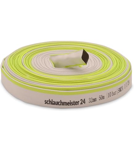 Platte Industrie Slang 32 Mm – 50 Meter – 10 Bar Werkdruk – Synthetisch Rubber – Voor Bouw, Landbouw, Noodsituaties En Afvalwaterpompen – Groene Signaalstrepen