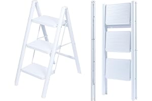 UZIRO Escalera Plegable 3 Peldaños, Escaleras Decorativa, Peldaños Anchos Antideslizantes, Ideal para Uso en Hogar, Cocina y Oficina, Fácil de Guardar y Transportar, Resistente (Blanco, 3 Peldaños)