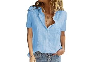PASUDA Blusas de Mujer Algodón Camiseta Manga Corta Elegante Verano Camisa con Botón Cuello en V Casual Blusa Shirts Tunic Tops