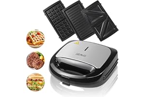 ‎OZAVO OZAVO Sandwichmaker 3 in 1, Waffeln, Paninitoaster, 3 abnehmbare Grillplatten, Tisch-Grill für Toast, Waffeln, Fleisch, Schwarz, 750W
