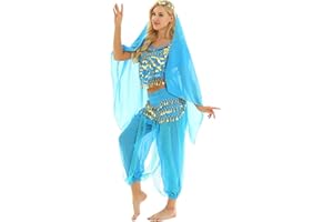 MSemis Traje Disfraz Danza del Vientre para Mujer Disfraz Princesa Árabe Traje Baile Oriental Accesorios Disfraz Bailarina Oriental Coaplay Fiesta Carnaval